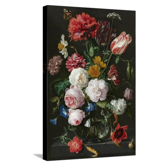 Art.com Still Life with Flowers in a Glass Vase Stretched Canvas Print Wall Art by Jan Davidsz de Heem & Rachel Ruysch, 16" x 24"