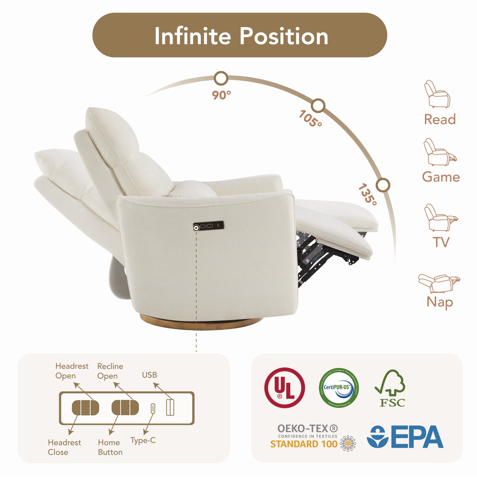 Spruce & Spring Dual-Motor Power Swivel Recliner with Lumbar Pillow for Nursery & Living Room, Cream