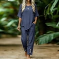 thumbnail image 5 of PRINxy Women All Match Linen Texture Two Piece Outfit Summer Crew Neck Short Sleeve Top Loose Wide Leg Pants Ladies Outdoor Leisure Daily Wear Suit Navy XL, 5 of 7
