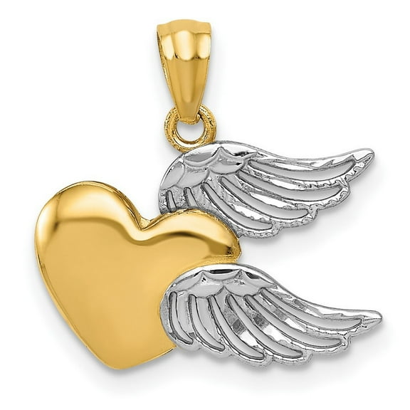 14k Yellow Gold Polished and Rhodium Love Heart with Angel Wings Pendant Necklace Measures 18.9x19.5mm - Pendant for Wom