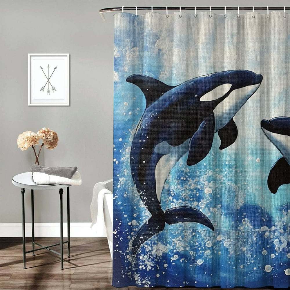 Patifu Whales Ocean Bubbles Washable Shower Curtain Set with Hooks 100% Polyester Fabric Waterproof Bathroom Curtains 69"x72