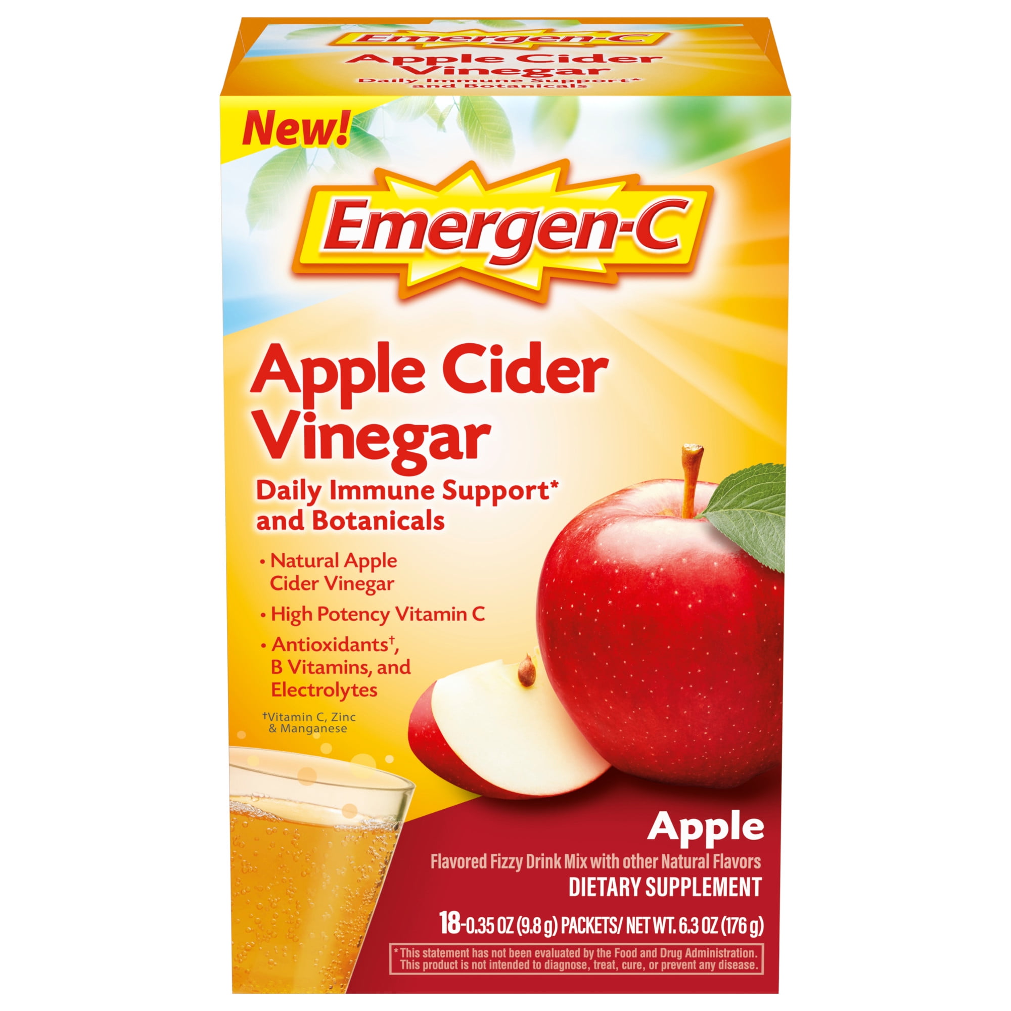 EmergenC Apple Cider Vinegar Dietary Supplement, 18Ct Powders