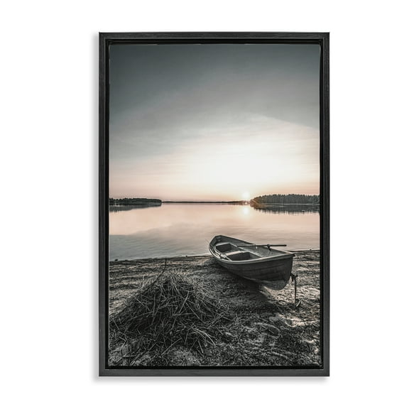 Stupell Industries Deserted Canoe on Shore Landscape Photography Black Floater Framed Canvas Art Print Wall Art, 17 x 25