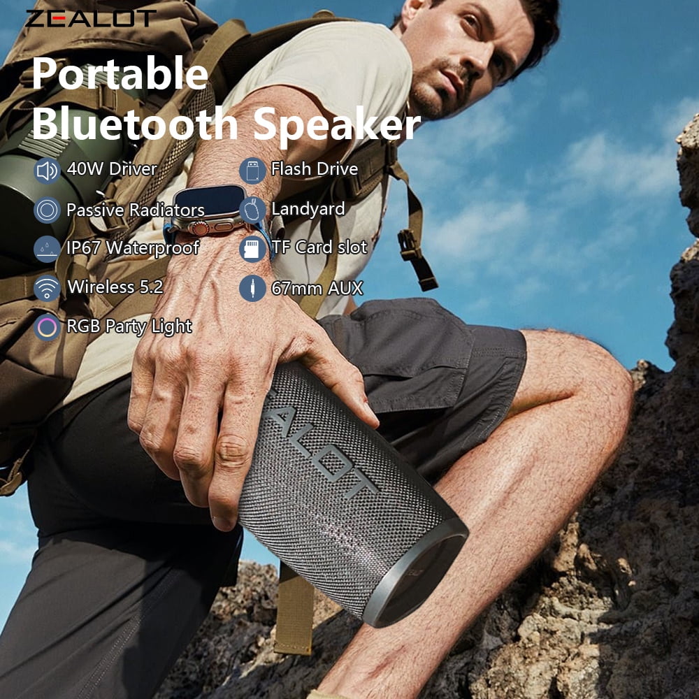 ZAELOT S56 Portable Bluetooth Speaker: IPX6 Waterproof, 40W Loud Sound, Deep Bass, Bluetooth 5.3, LED Lights, Wireless Stereo Pairing, 24H Playtime, for Home/Outdoor/Party/Beach, Birthday Gift (Black