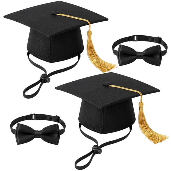 RUIFUU 2 pairs Dog Graduation Cap and Tie,Adjustable Knit Fabric,with Golden Tassel and Bow Tie