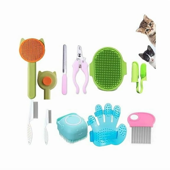 Saluqifa 10PCS Cat & Dog Grooming Kit, Self-Cleaning Brush Removes Loose Hair, Pet Bath Brush, Massage Glove, Nail Clipper, Flea Comb