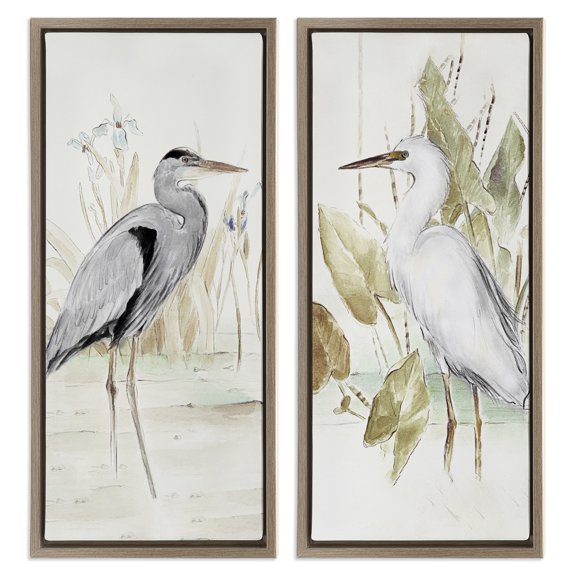 Stupell Industries Heron Egret Marsh Landscape Animals Painting Brown Floater Framed Canvas Art Print Wall Art, 11 x 25, Set of 2