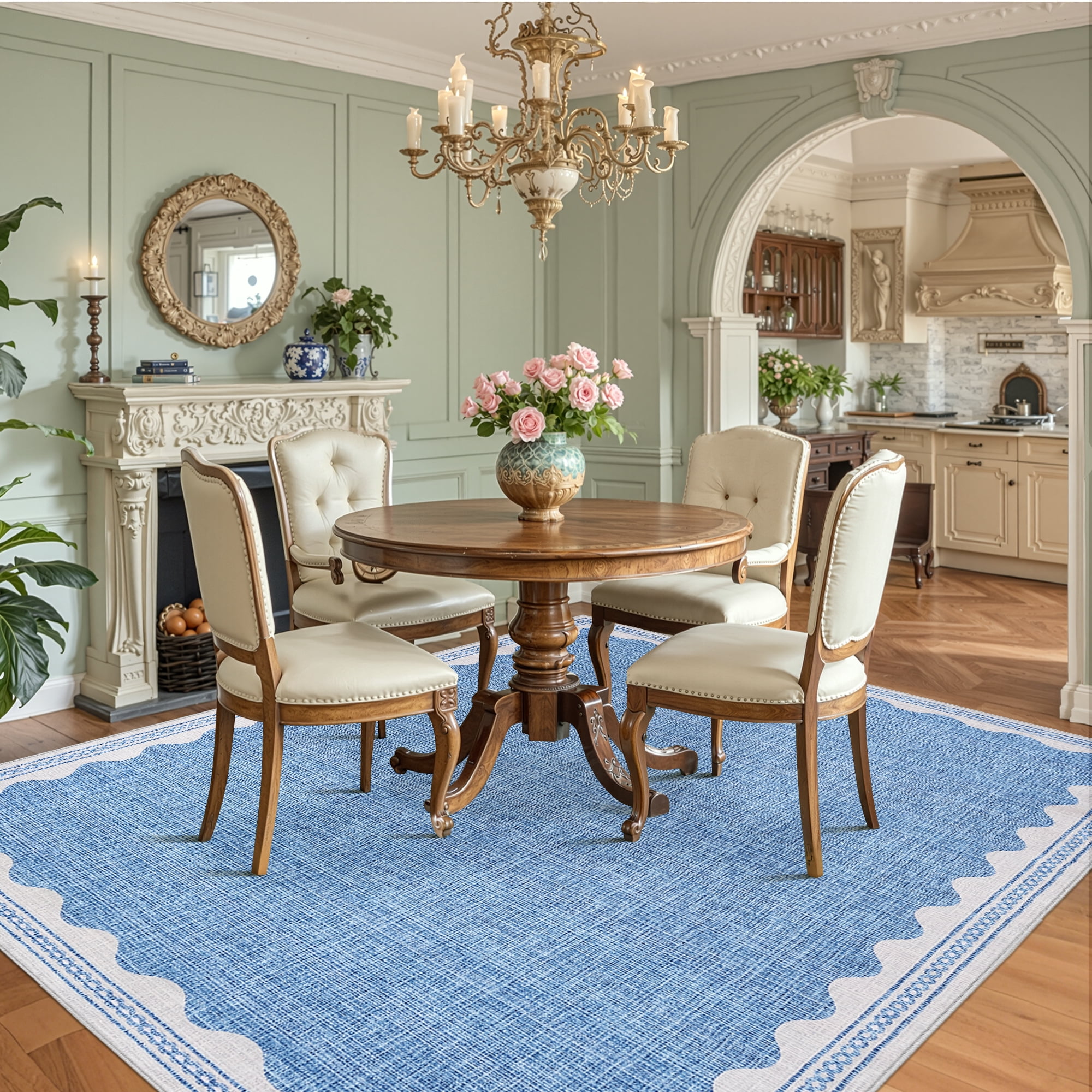 GlowSol 8'x10' Area Rug Washable Modern Scalloped Bordered Pattern Rugs for Living Room Bedroom Soft Non-Slip Low Pile Rug, Blue