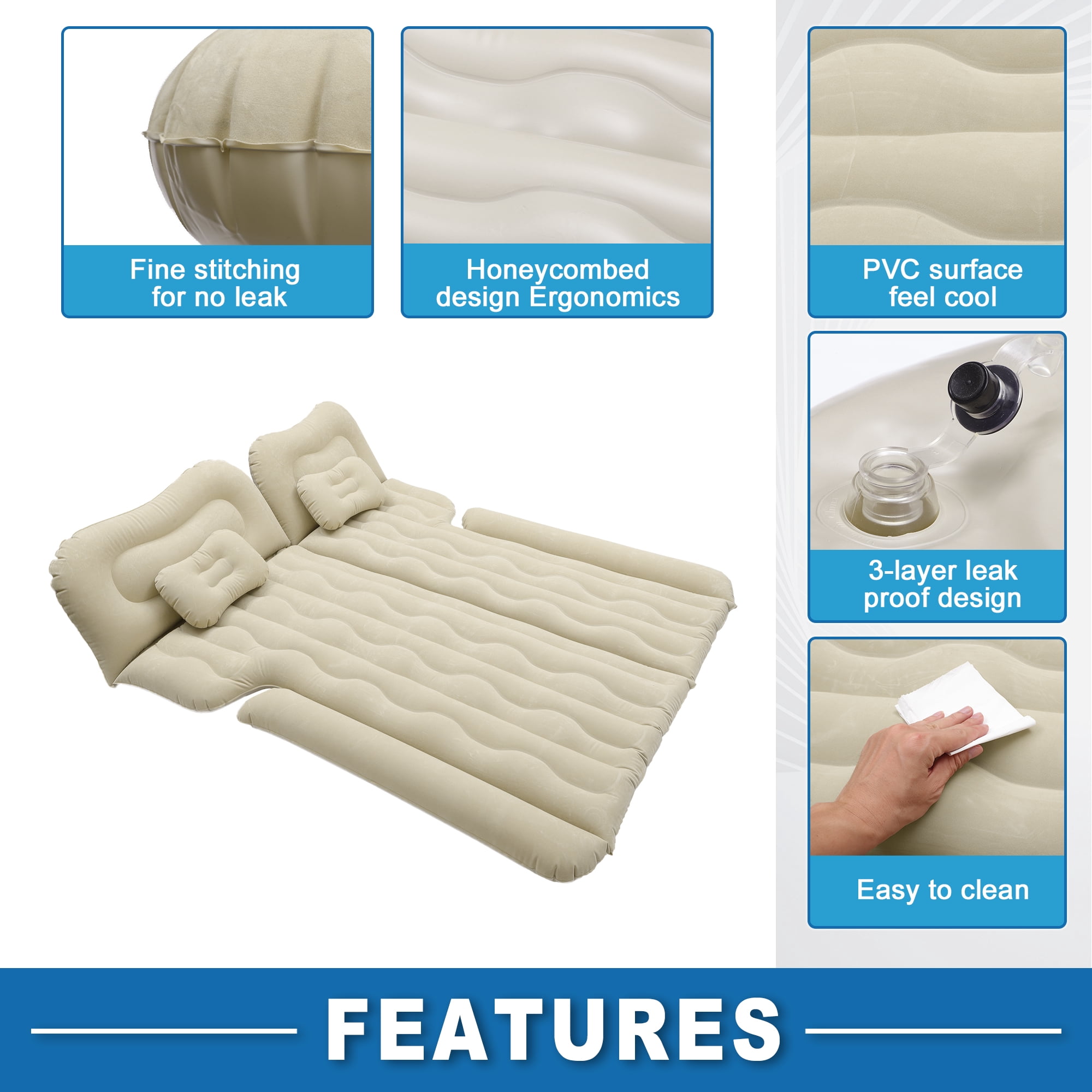 Unique Bargains 1 Set Car Air Mattress Camping Bed Air Bed Mat Sleeping Mat with Air Pump for Car Travel Camping Beige