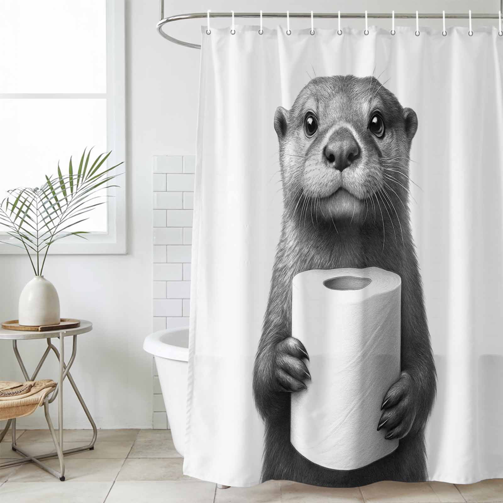 Cute Otter Shower Curtain, Waterproof Shower Curtains for Bathroom, Funny Animal with Toilet Paper Washable Fabric Bathtub Curtain Set Bath Decor with 12 Hooks 72"x78"