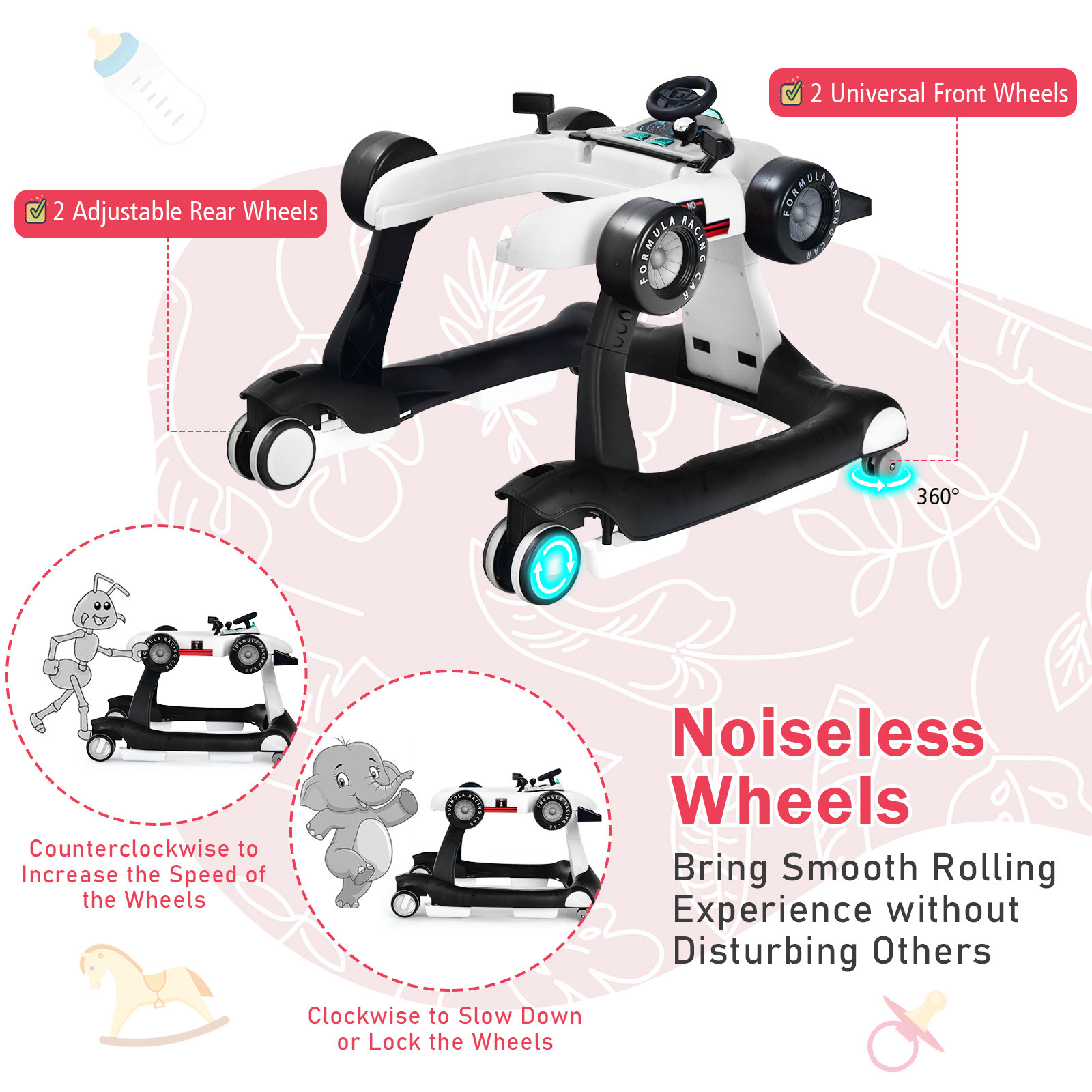 Infans 4-in-1 Baby Walker Foldable Activity Push Walker Adjustable White