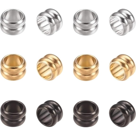 3 Colors about 18pcs 9mm Grooved Column Beads 6mm Large Hole Bead Metal Loose Beads Stainless Steel Beads Bracelet Beads Spacer Beads for Jewelry Making Findings DIY
