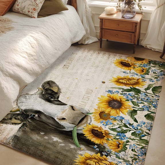 Area Rug for Living Room, Sunflowers Cow Non-Slip Indoor Large Carpet for Bedroom/Dining Room, Vintage Farmhouse Animals Flowers Washable Low-Profile Rectangle Floor Mat Runner Rugs - 2.7 x 5 Ft