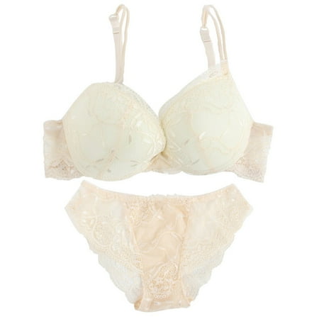 

Women Cute Sexy Underwear Satin Lace Embroidery Bra Sets with Panties Beige 80B