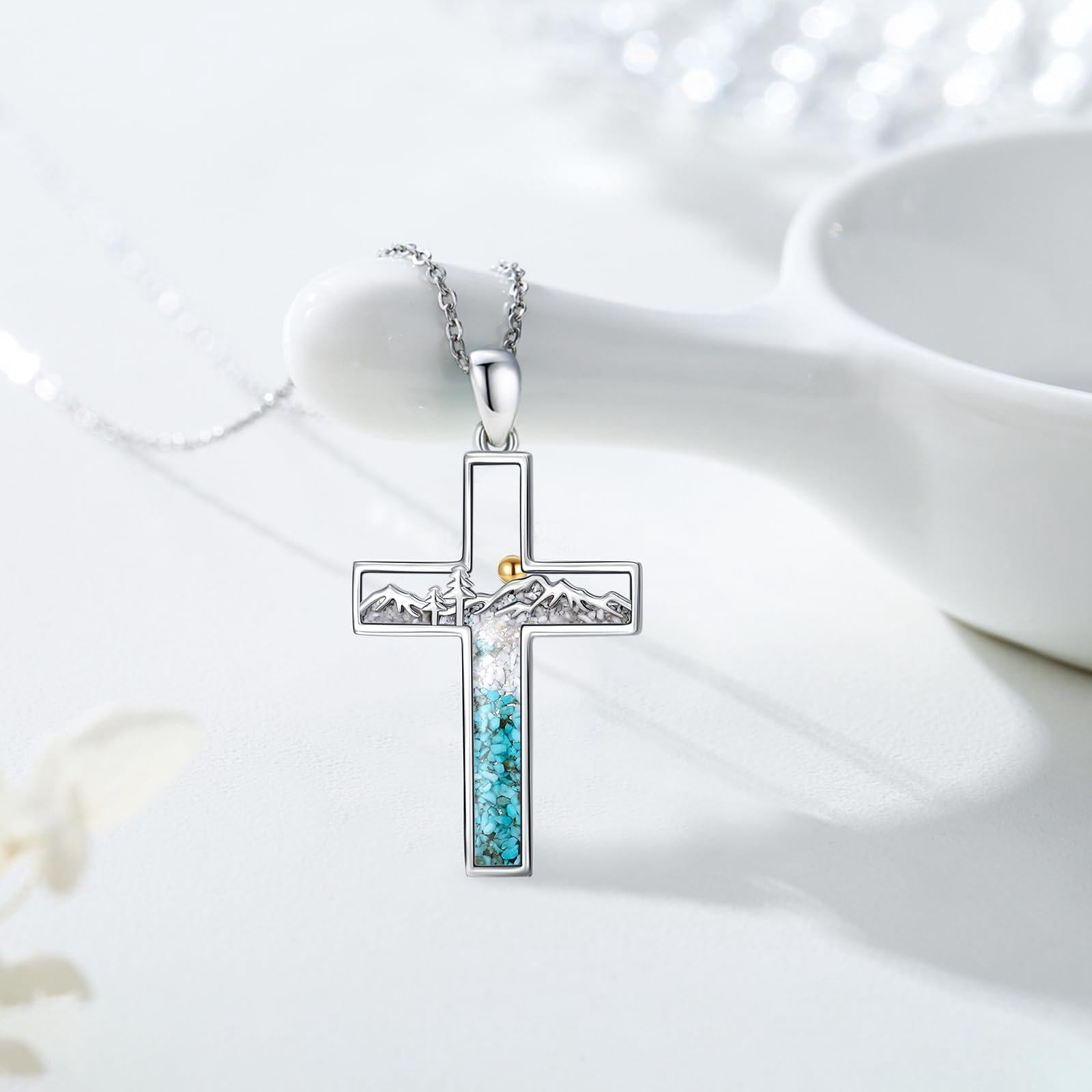 Coachuhhar Corss Necklace for Women 925 Sterling Silver Crushed Turquoise Mountain Sunset Pendant Nature Jewelry Faith Gifts for Christian Hikers Lovers