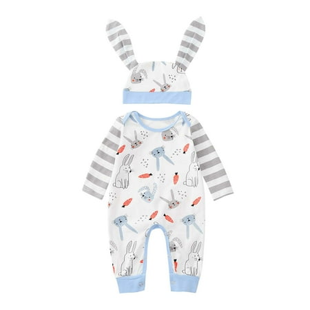 

Toddler Baby Girls Boys Clothes Cartoon Carrot Print Romper Jumpsuit With Rrabbit Ears Hat Set Baby Clothes Overalls