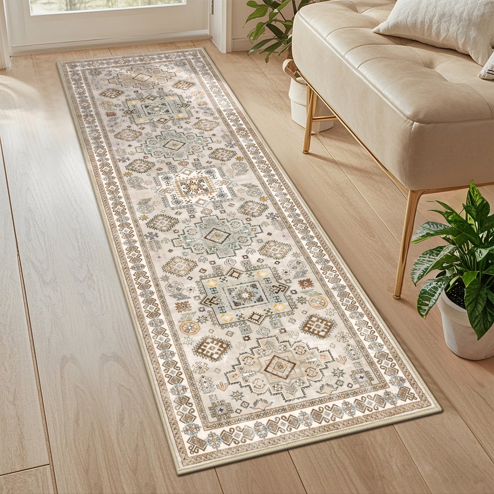 MeyJey 2'x6' Oriental Vintage Runner Rug for Hallways, Non-Slip Machine Washable Area Rug for Bedroom/Living/Dining/Laundry Room Carpet, Beige