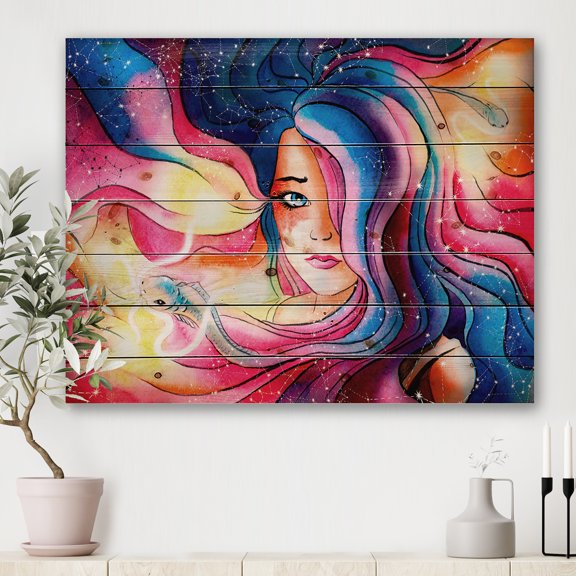 Designart 'The Girl Portrait With The Glowing Hair' Modern Print on Natural Pine Wood