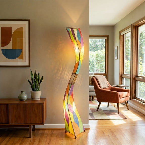 Eangee Home Design Flow Giant Floor Lamp, Shade Made Of Cocoa Leaves, 13x13x72 Inches