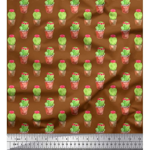 Soimoi Brown Cotton Voile Fabric Cactus With Conical Pot Tree Printed Craft Fabric by the Yard 56 Inch Wide