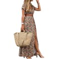 thumbnail image 2 of Bellella Robe Longue Femme Col en V Maxi Robes Manches Courtes Été Plage Robe Vintage Imprimé Floral Dames Marron 3TG, 2 of 7