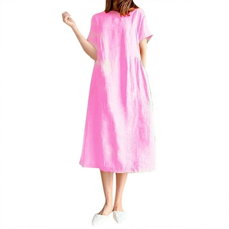 BAOQIN Dress for Women Ladies Round Neck Short Sleeve Solid Color Loose Slim Mid Length Dress Pink 2XL