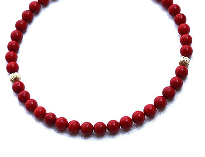 16” 8mm Red Glass Pearls Necklace  Golden Plated Lobster Clasp & 2” Ext Chain 