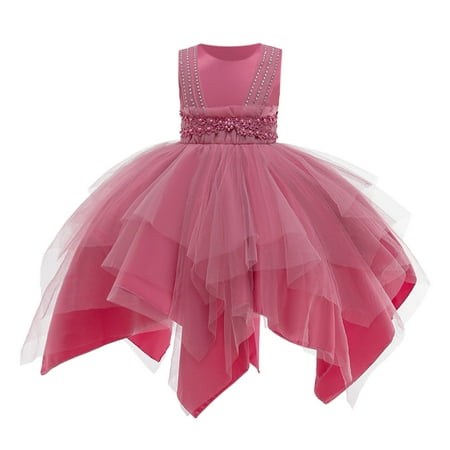 

TUOBARR Summer Savings Clearance! Ball Gown Dresses for Girls Toddler Girls Layered Lace Tulle Beading Dress Party Pom Pom Princess Dress Set Hot Pink 140