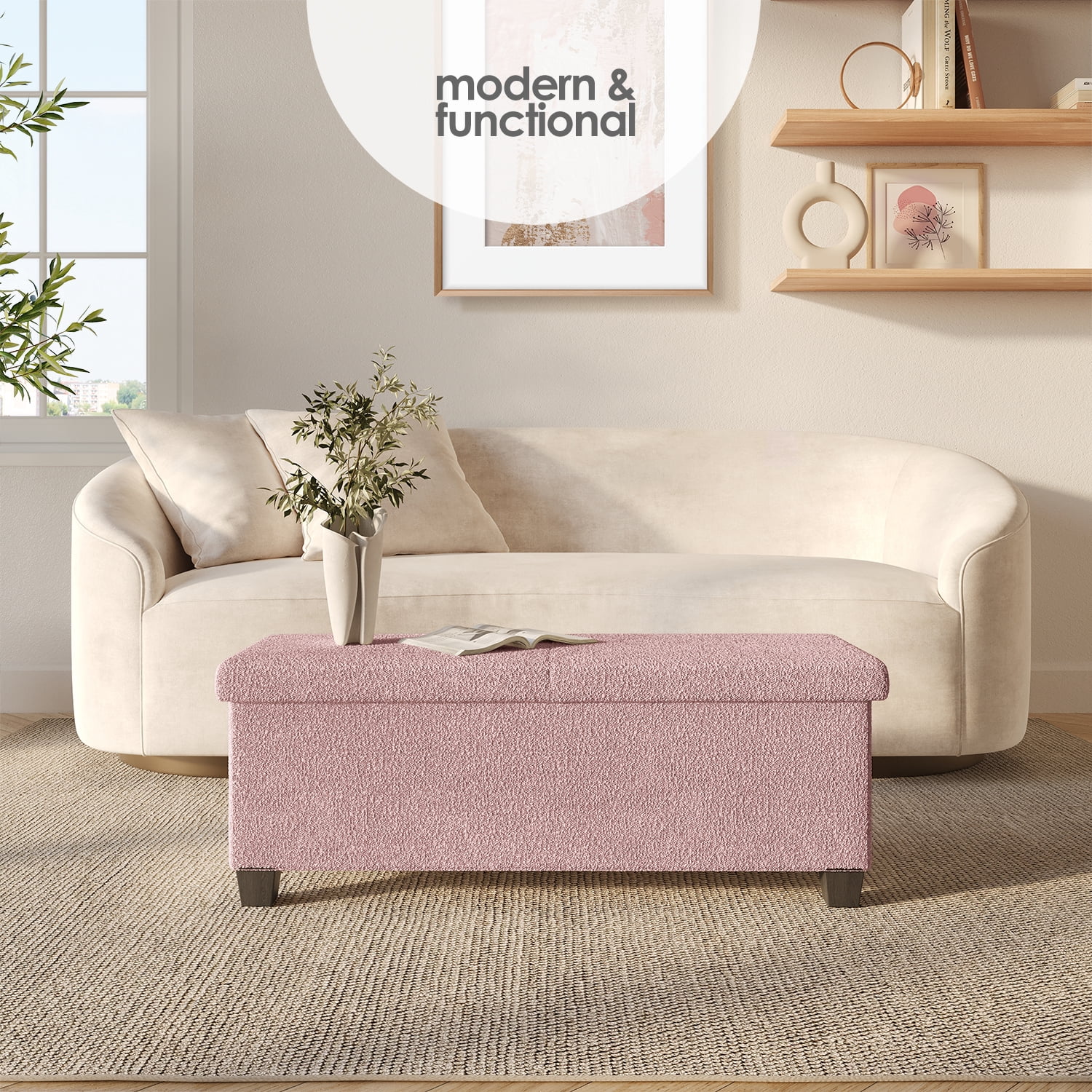 Hearth & Harbor Storage Ottoman Bench, Boucle 43" Ottoman with Storage , Pink