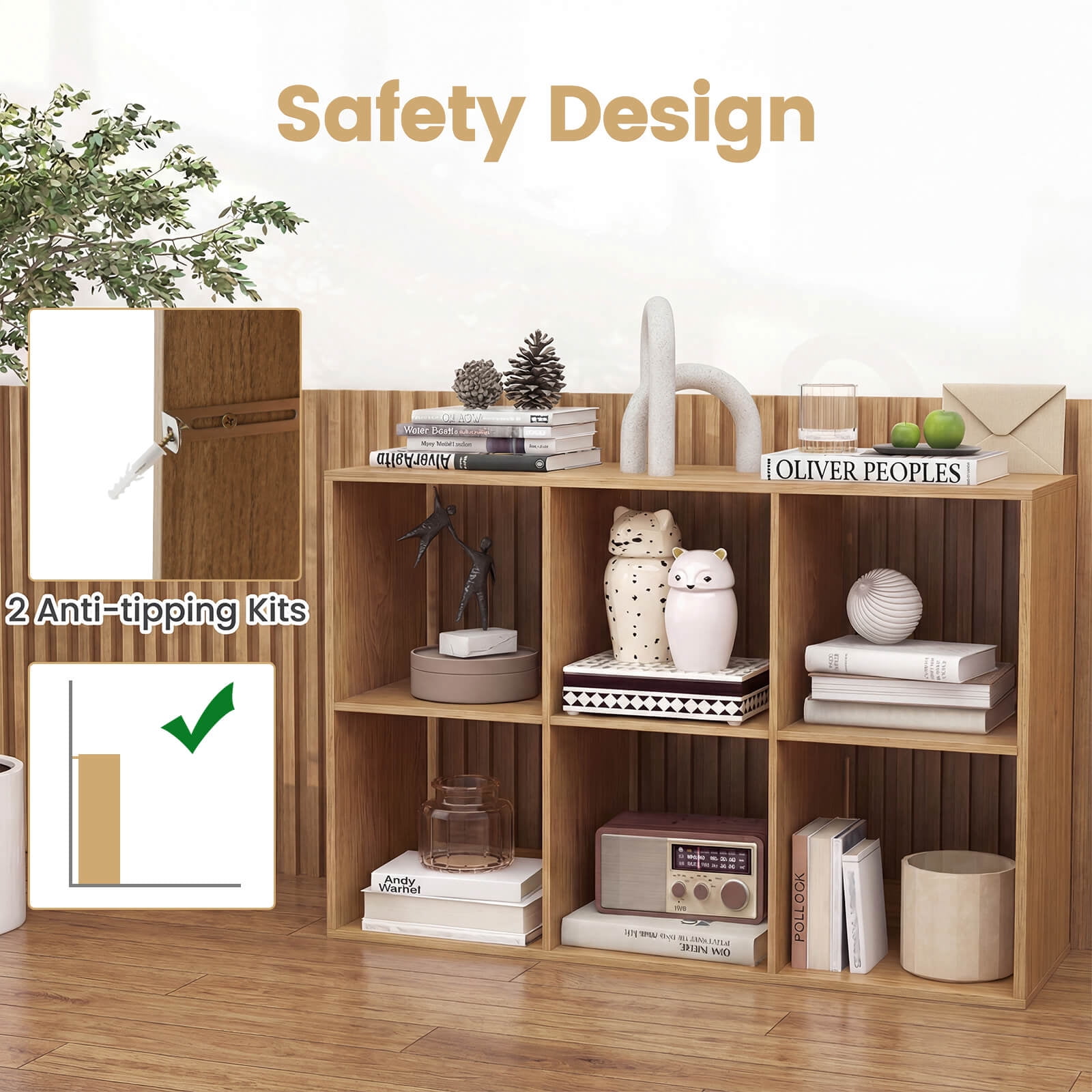 Costway 6-Cube Bookshelf, Modern Cubby Bookcase with Back Guardrail & Anti-tipping Kits Natural