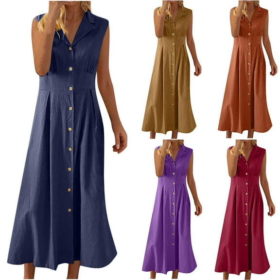 Dresses for Women Plus Size Akafmk Summer Dresses for Women Casual Dresses,Solid Color V-Neck Long Dress Sleeveless Tank Maxi Dresses Cotton Linen Shirt Dresses