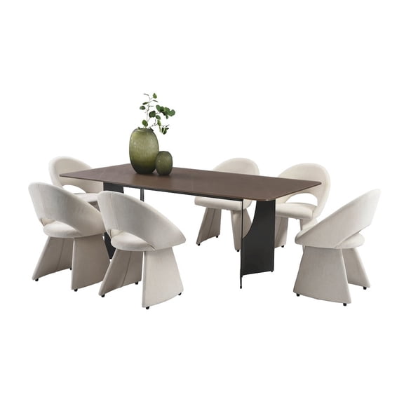 Armen Living 7-Piece Dining Set with Maroon Tempered Glass Tabletop and Cream Upholstery