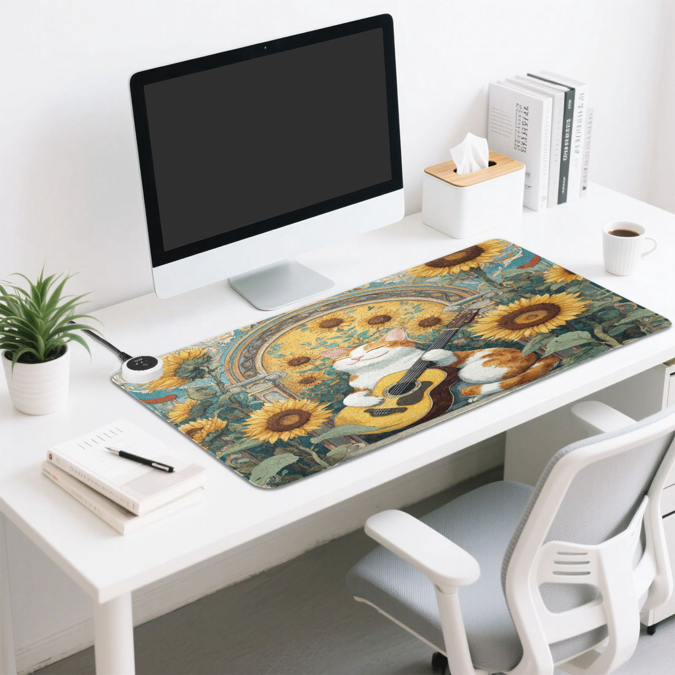Large Heated Desk Mat Mouse Pad 31.5"x13"PU Leather Graphene Heating Desk Warmer with 3 Temperature Settings 110V US Plug Non-Slip Warm Pad for Home, Office, and Gaming Orange Cat Playing Guitar
