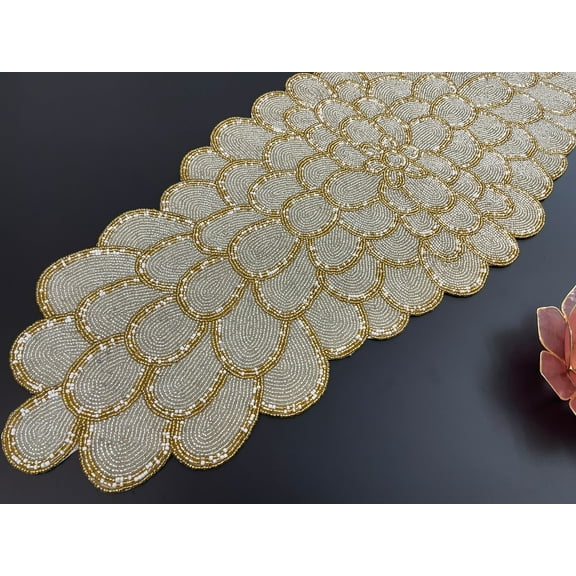 Handmade bead table runner, floral beaded runner, Silver and Gold, 13x36inch