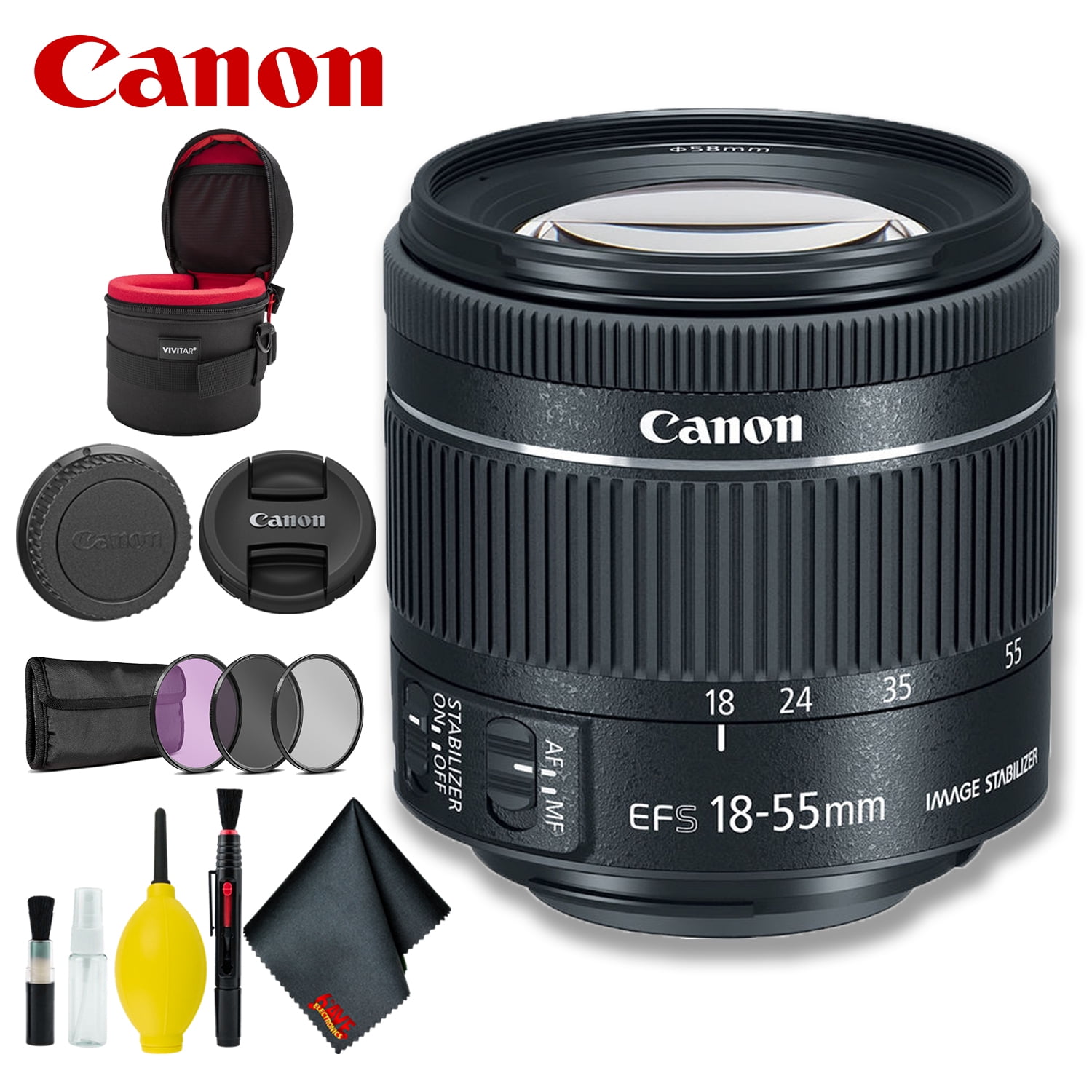 Canon EFS 1855mm f/45.6 IS STM Lens (Intl Model) w/ Filter Kit + Lens Case Bundle