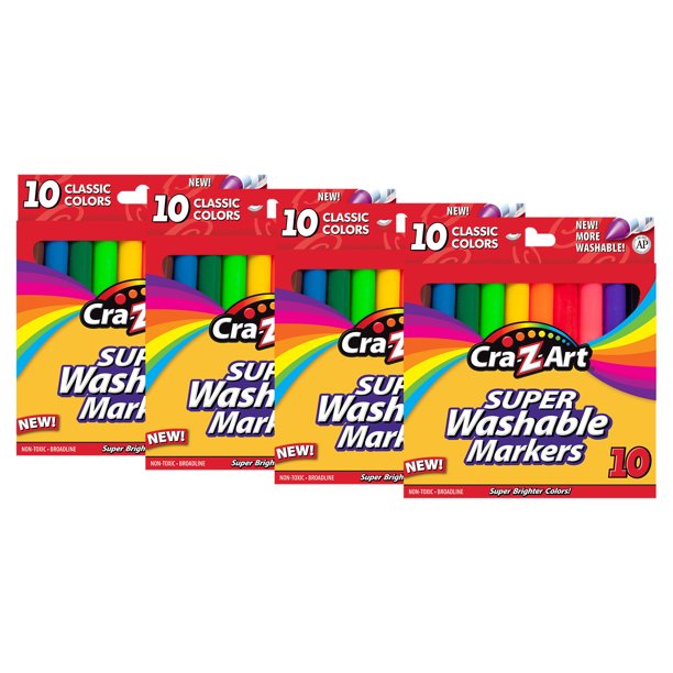 (4 pack) CraZArt Classic Multicolor Broad Line Washable Markers, 10 Count, Back to School
