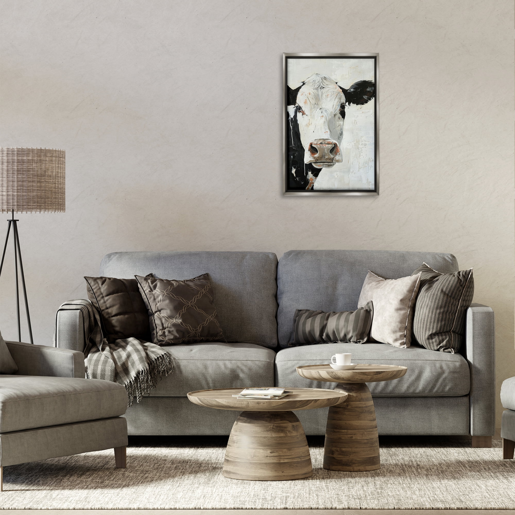 Stupell Industries Up Close Cow Animals & Insects Painting Gray Floater Framed Canvas Art Print Wall Art, 17 x 25