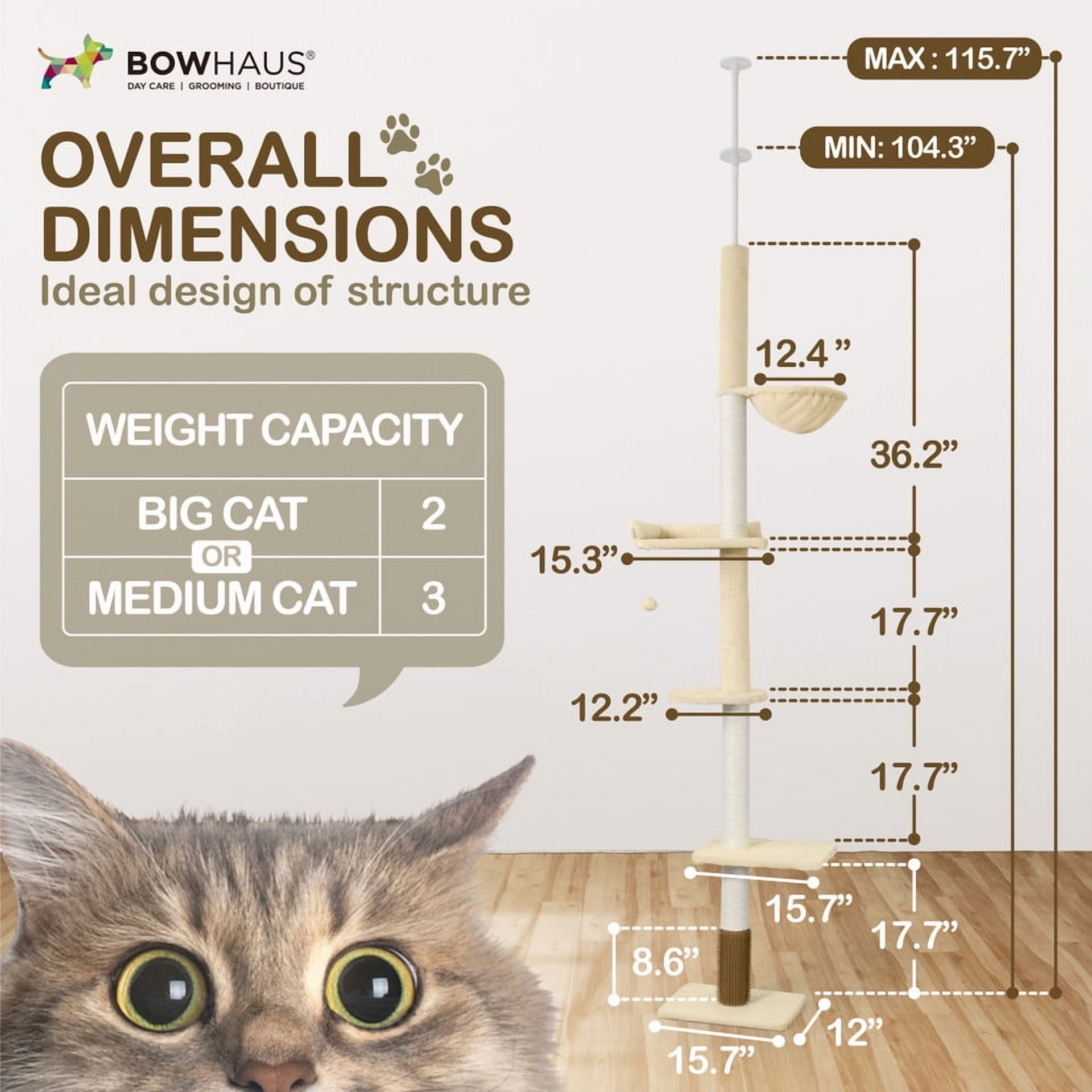 CAPHAUS Floor to Ceiling Cat Tree, Adjustable Height 104”-115” Multi-Tier Cat Climbing Tower w/ Itching Scratcher, Cozy Hammock, Interactive Playball, Platforms for Indoor Cats, Beige