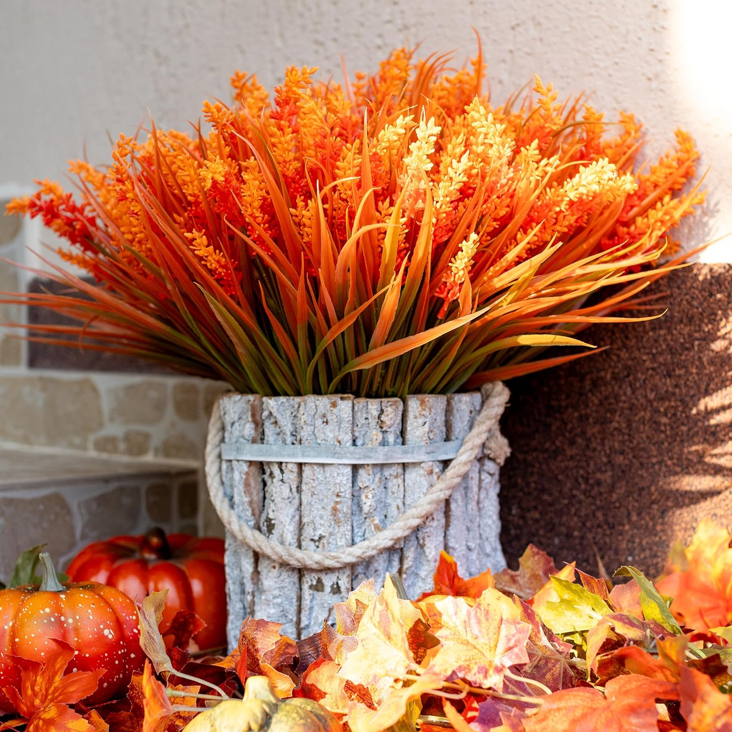 8PCS Artificial Flowers for Outdoors, Fake Lavender with Grass UV Resistant Plastic Faux Autumn Plants for Garden Thanksgiving Home Decor (Orange)