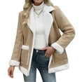 thumbnail image 2 of Juebong Women Oversized Sherpa Lined Jacket Faux Suede Fleece Shearling Coat Winter Warm Biker Aviator Jacket Overcoat Khaki,L, 2 of 7