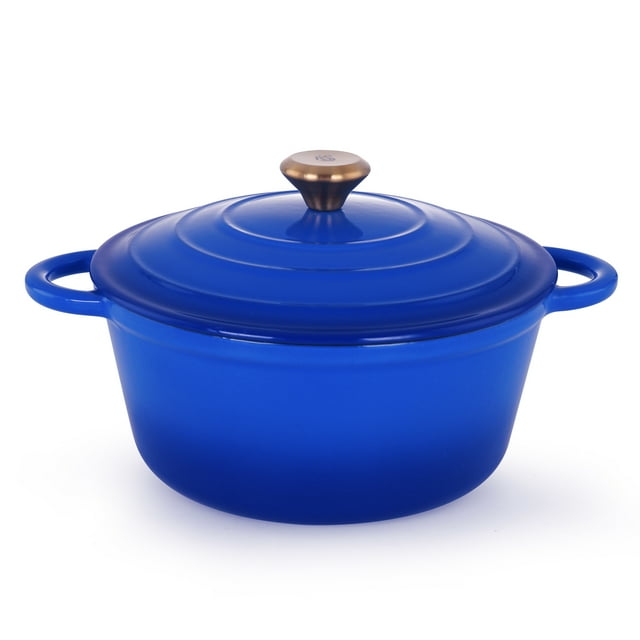 3.5 litre blue Kitchen Star cast iron Dutch oven with lid and side handles, 24cm diameter.