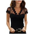 thumbnail image 5 of Women Summer Tops Women Cauasl Sexy Lace Loose V-neck Short Sleeve Top Blouse Thermal Top Thermal Ruffle Shirt Tees Shirt Sleeve Silk V Necks Long Tee Shirts for Long T Mom T Black S, 5 of 9