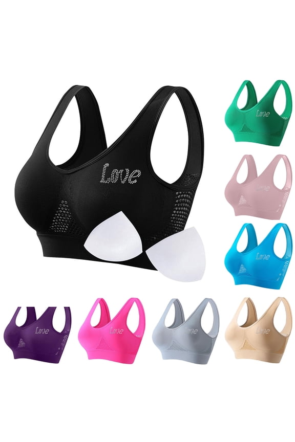Womens Hollow Mesh U Back Sports Bra Love Rhinestone Print Removable Pads Wide Stretch Straps Multi Color Workout Sleep Support Bralette Pink (S-XXXXXL)