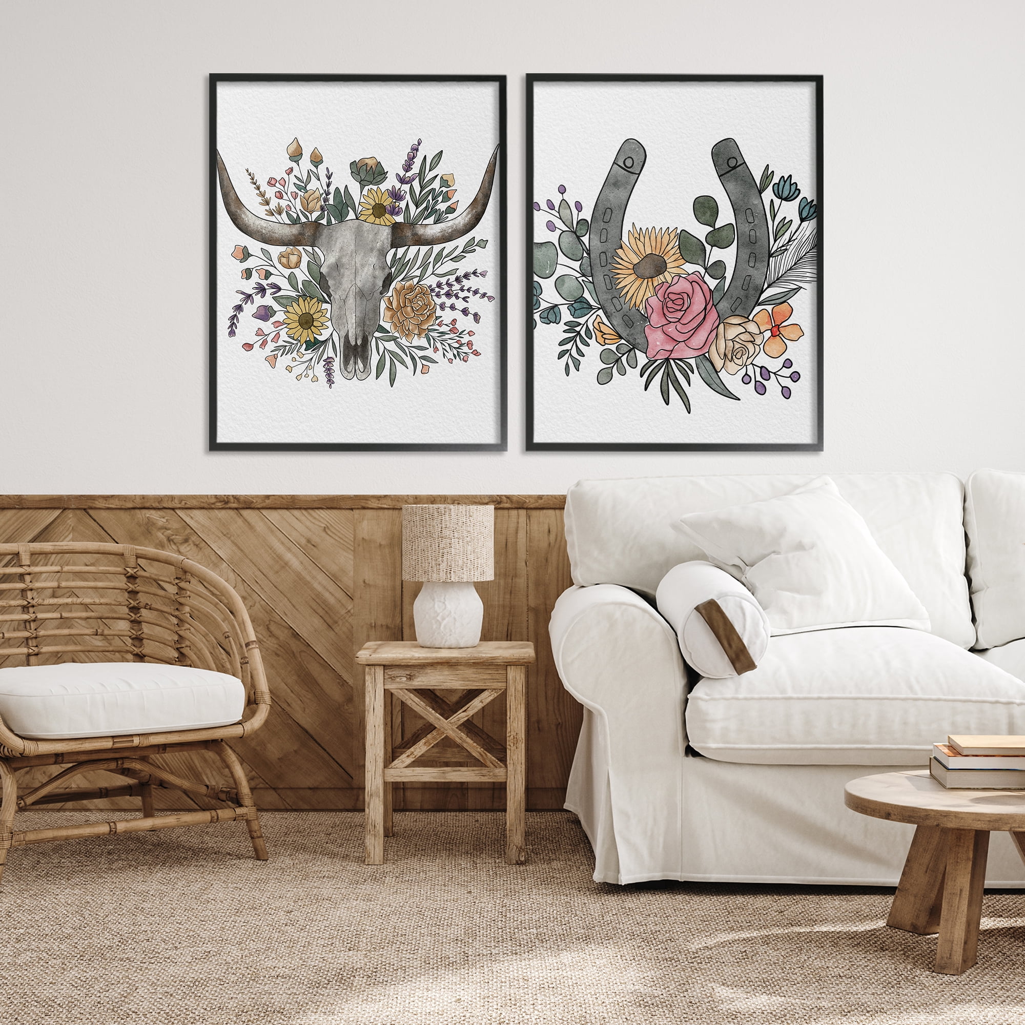 Stupell Industries Boho Longhorn & Horseshoe 2 Piece Black Framed Giclee Art Set, design by Alisha Kiara Design