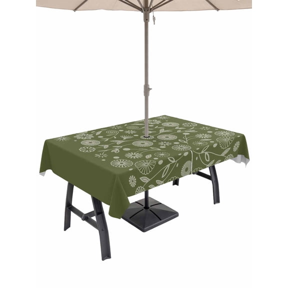 Japanese Outdoor Tablecloth - 60x102 Inch Rectangle Dining Table Cover, Green Rustic Retro Pastoral Floral Leaves Waterproof Outdoor Table Cloth with Umbrella Hole & Zipper for Picnic/Patio/Party
