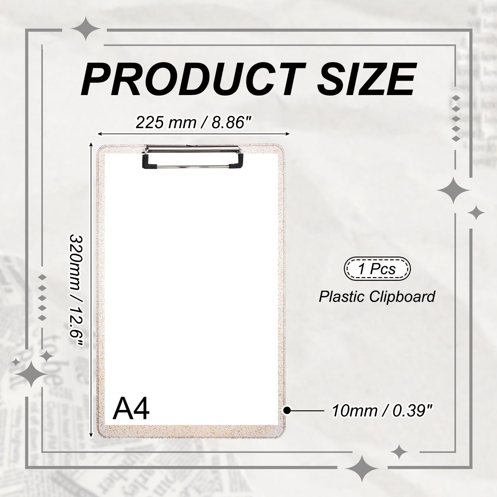 Uxcell Plastic Clip Boards, A4 Size Gold Tone Stylish Clip Boards Glitter Design Cute Clipboards Office Supplies for Restaurant Shop Store Note Memo Card Sign Holder