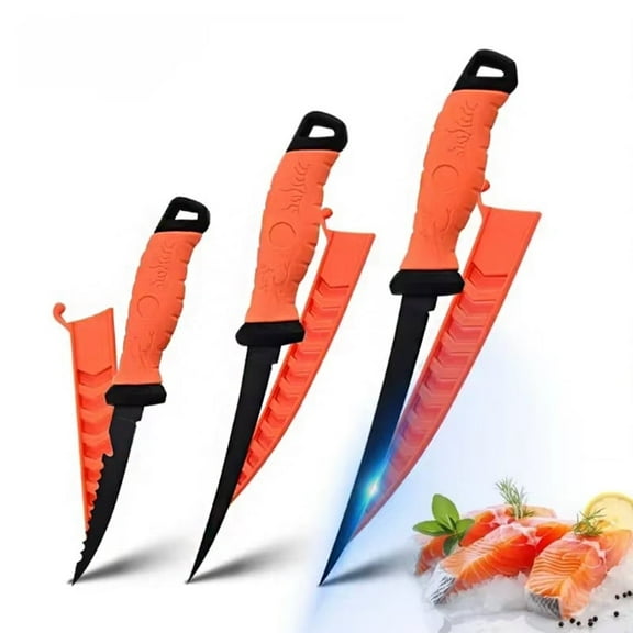 Fish Fillet Knife Fixed-Blade Fishing Knife Curved Boning Knife with Sheath Cover and Saver Lock with Non-Slip Handles