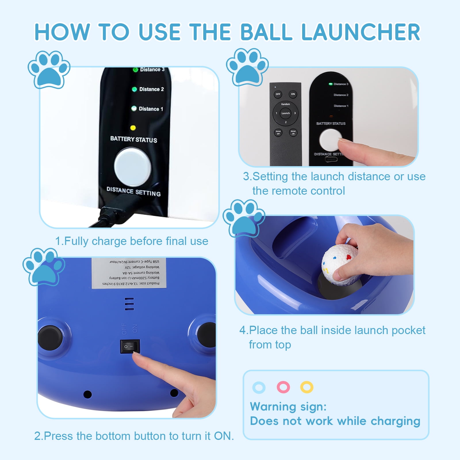 Haosegd Automatic Dog Ball Launcher: Interactive Dog Toy with Remote Control,Rechargable Ball Throwing Machine for Large Dogs,40t/60ft/80ft,8 x 2.5" ETPU Tennis Balls