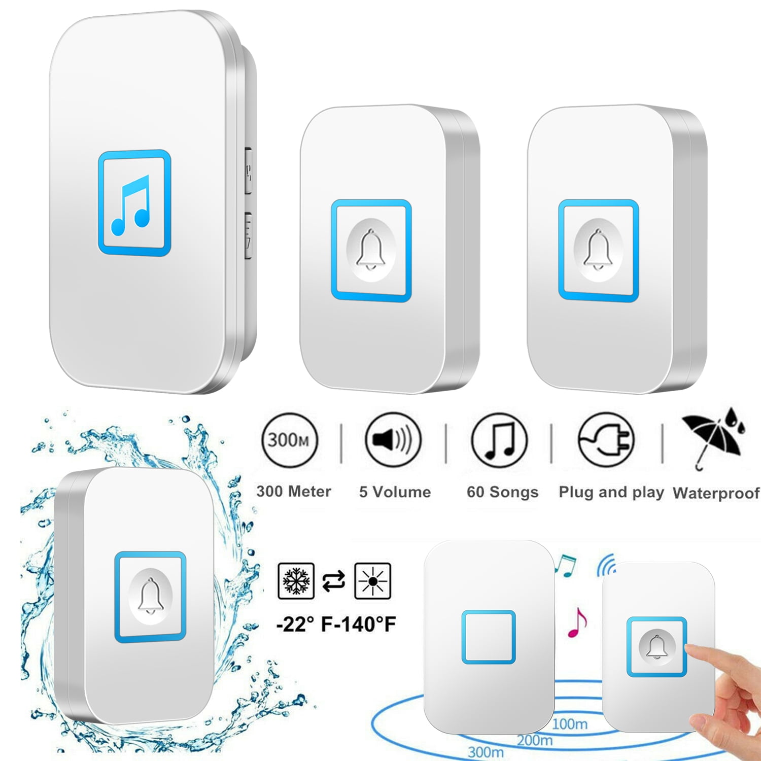 Wintekd Wireless Doorbell, Waterproof Door Bell Kit with 5 Levels Adjustable Volume and LED