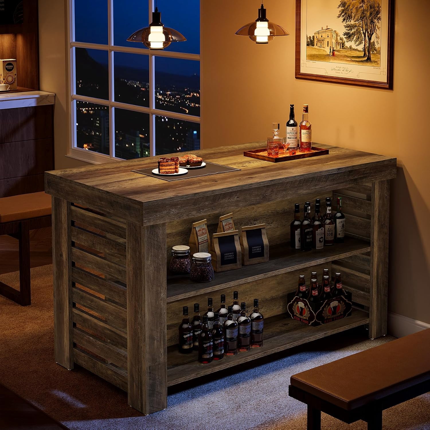 Finmind 55" Kitchen Island with Seating and Storage, 3-Tier Farmhouse Wood Coffee Bar Table for Kitchen, Dark Brown